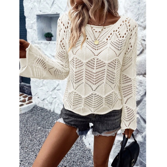 Off White Hollow Out Knit Long Bell Sleeve Pullover Light Sweater - Picture 3 of 8
